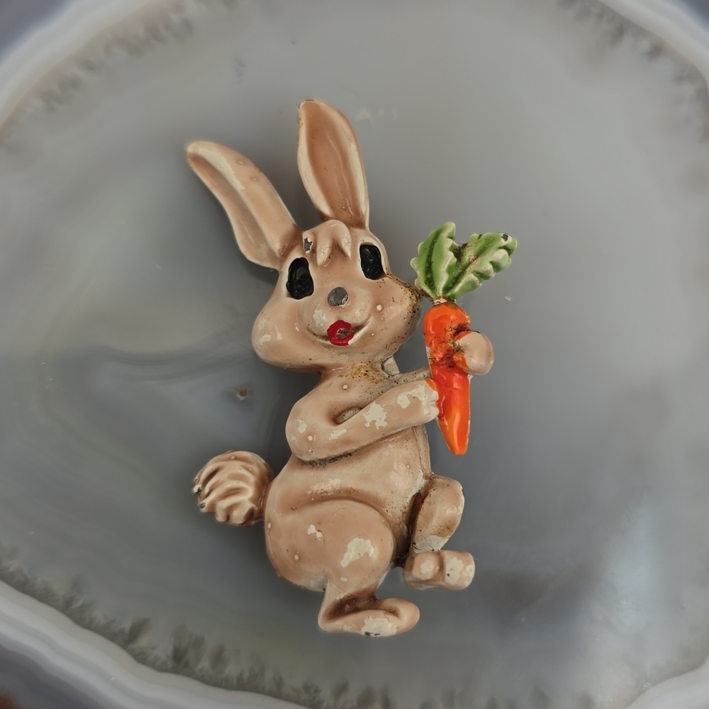 Vintage Bunny Rabbit Figure With Carrot Enamel Figural Brooch
